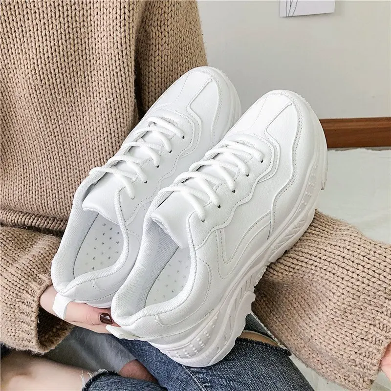 

White Women Shoes New Chunky Sneakers for Women Lace-Up White Vulcanize Shoes Casual Fashion Dad Shoes Platform Sneakers Basket