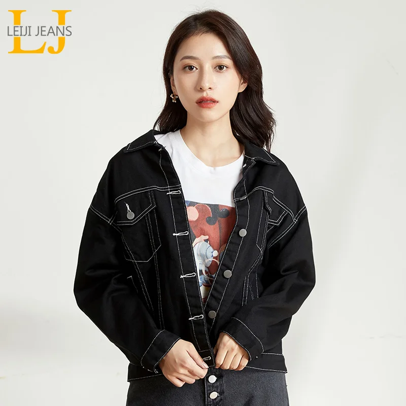Женская свободная джинсовая куртка LEIJIJEANS классическая черная большого размера