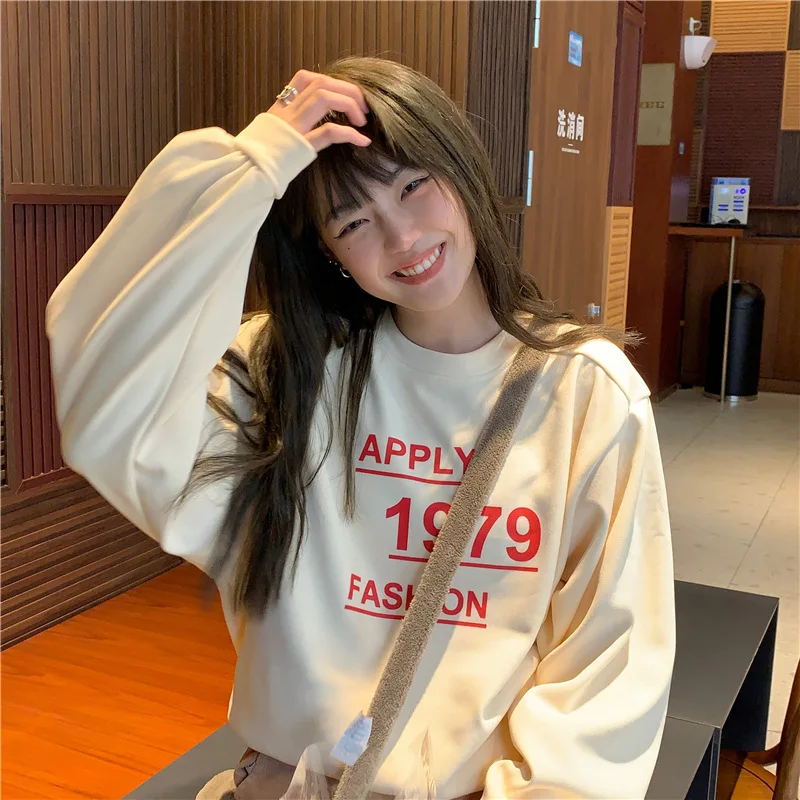 

Women Girls Korean New Plush Soft Warm Long Sleeve Loose Letter Printe Sweatwear Top Fashion Pullover Clothes