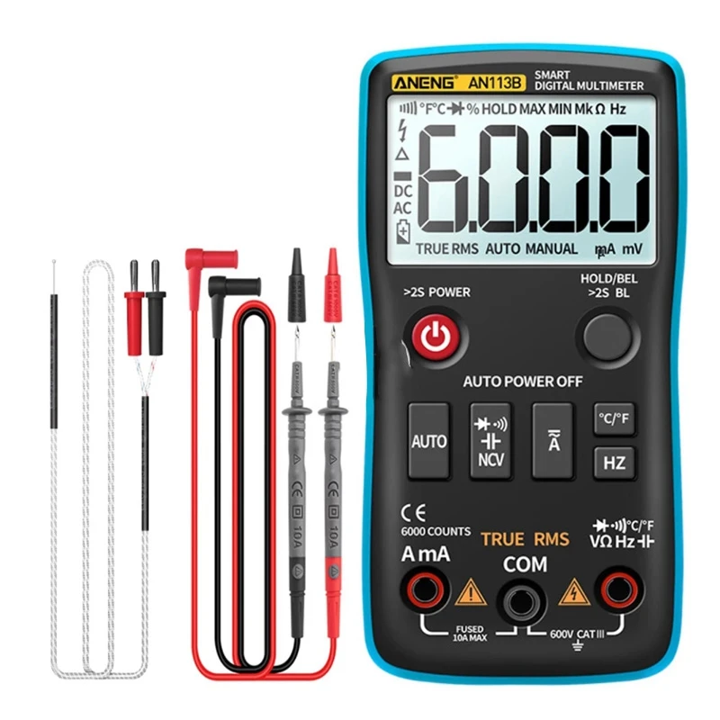 

Цифровой мультиметр ANENG AN113B, истинное среднеквадратичное значение, тестер температуры, 6000 отсчетов, автоматический выбор диапазона, транзи...