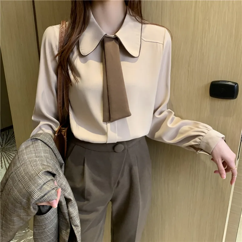 

Chikichi 2021 Spring and Autumn New Style Korean Fashion Contrast Tie Bowknot Chiffon Ladies Loose Long-sleeved Button Shirt