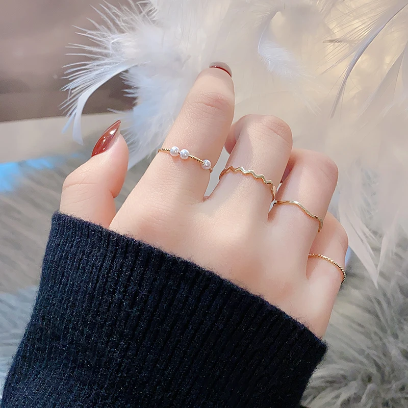 

5pcs Pearl Simple Circlet Five-Piece Retro Fashion Personality Joint Ring Stack Wear Daily Versatile Finger Band Ins Women Gift