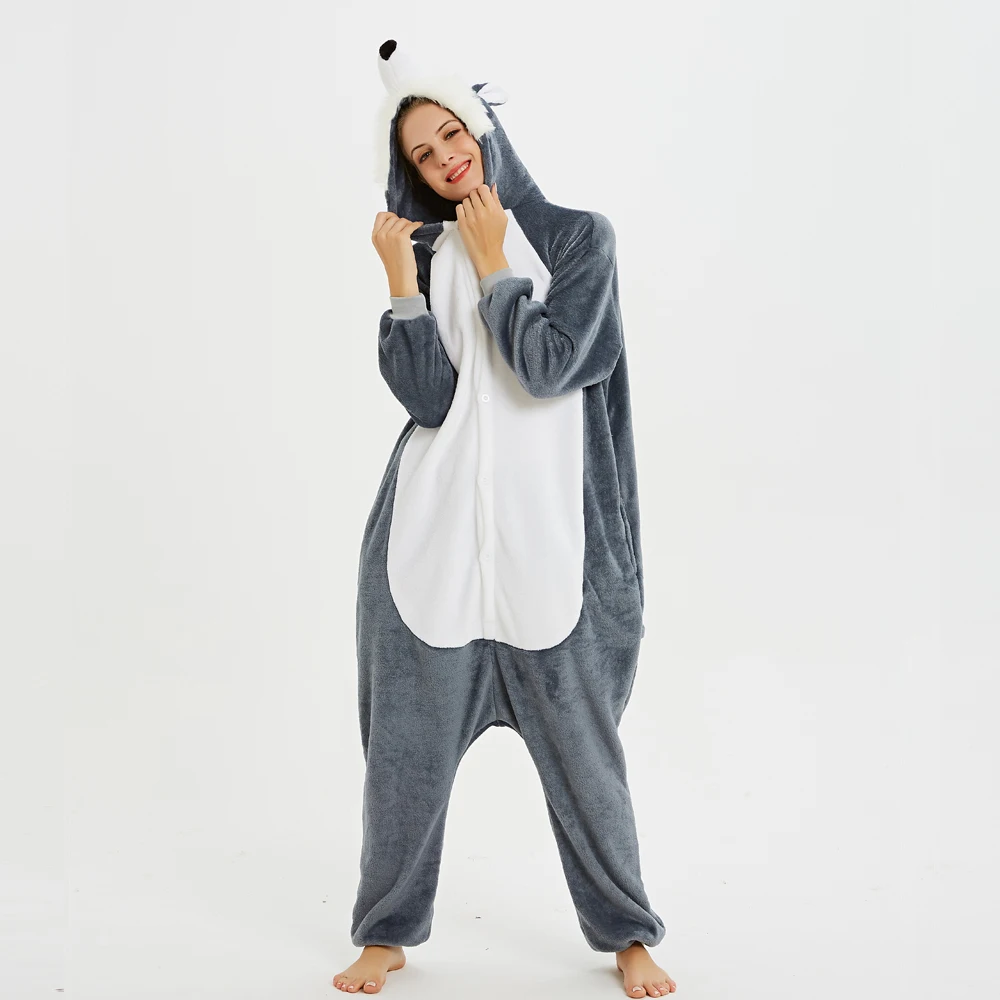 

Grey Husky Unisex Adult Pajamas Cosplay Onesies Cartoon Animal Sleepwear Pyjamas Warm Flannel Hooded Christmas Halloween Costume