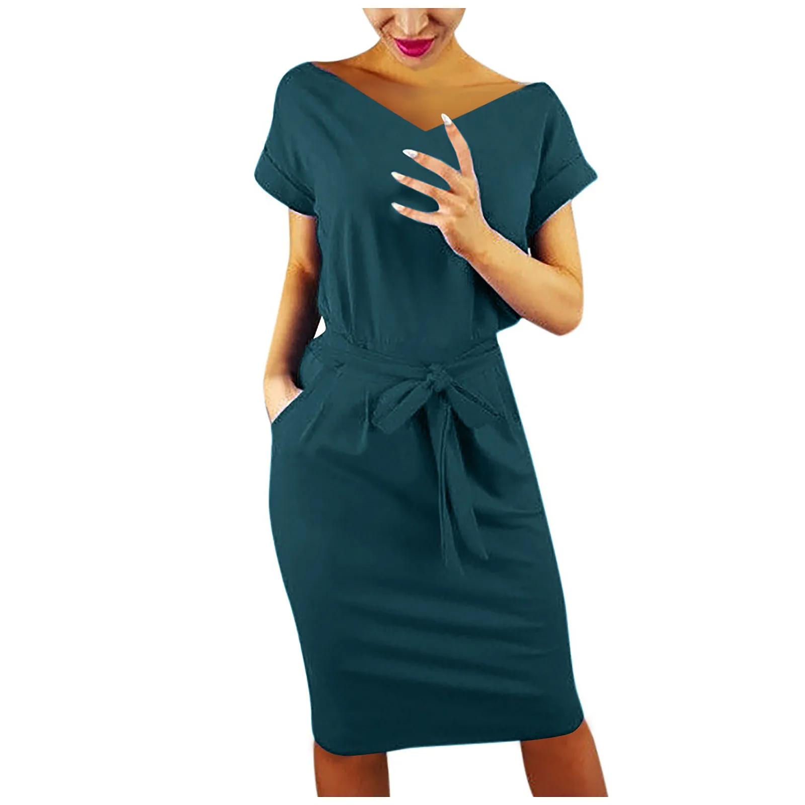 

Summer 2021 New Women's Casual Pocket Dress Solid Color V-Neck Short Sleeve Belt Tie Waist Loose Casual Dresses for Women robe