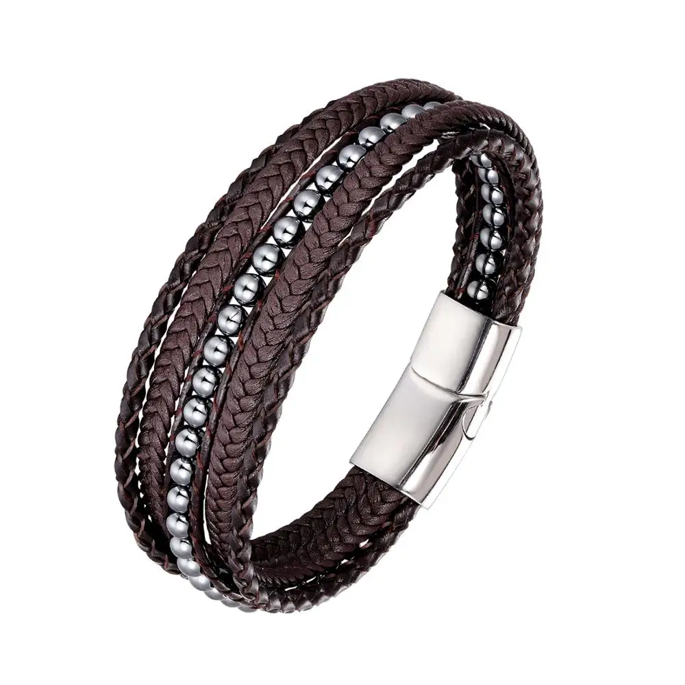 Hematite Модные Плетеные Многослойные браслеты из натуральной кожи, мужские браслеты с тигровым глазом, каменная веревка, браслет из нержавеющей стали, женские мужские ювелирные изделия - Окраска металла: Hematite
