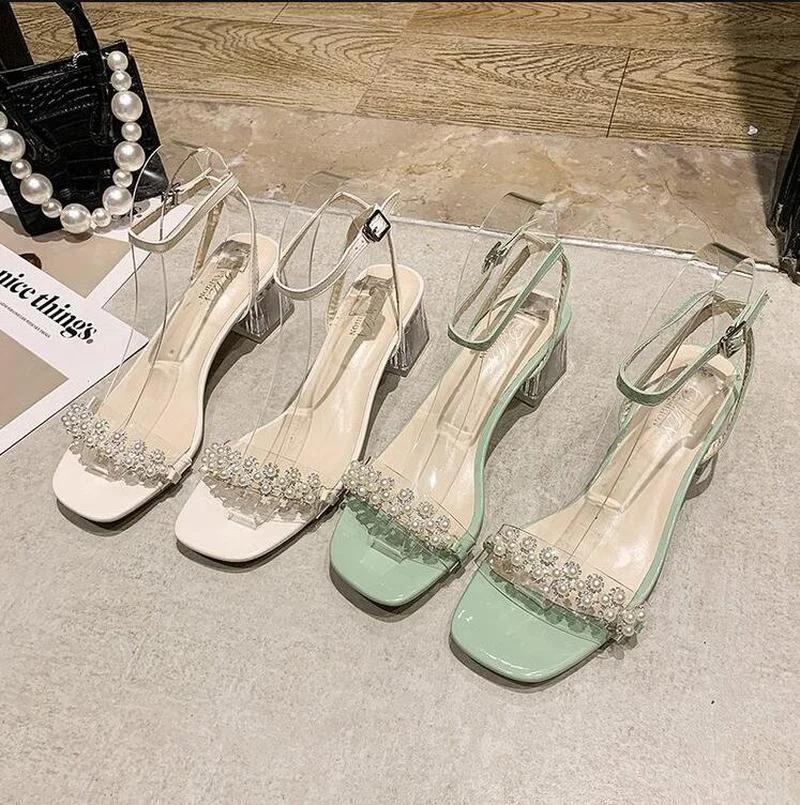 

Hot 2021 Summer Sandals Women Shoes Ankle Strap Square Pearl High Heels Party Wedding Clear Heels Sandals Zapatos De Mujer Tacon