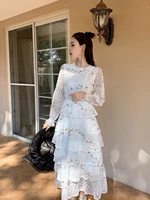 2021 pring summer pink lace embroidery maxi dress female full sleeve high waist ruffle elegant long party dresses woman