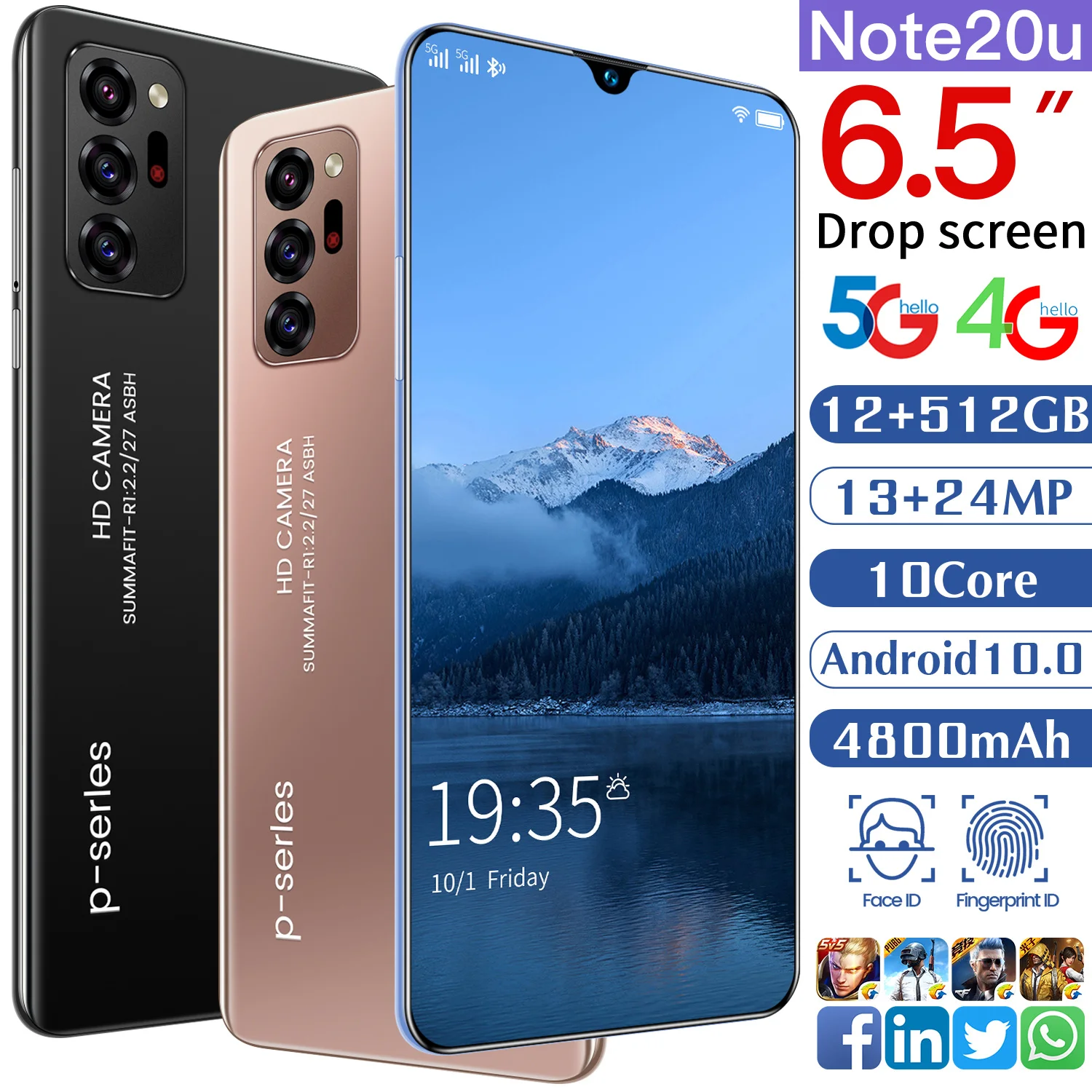 

Note20U Smartphone Android10 12+512GB Ultra-thin Languages MTK6799 10 Core 13MP+24MP 4800mAh Unlocked Cell Phones Featured Phone