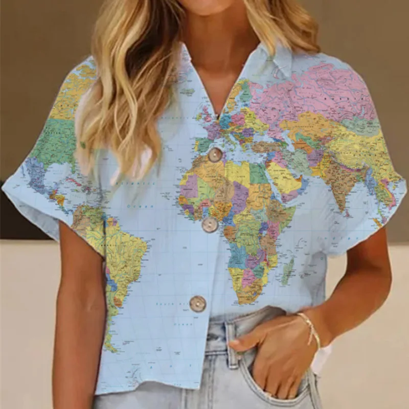 

Women's Casual Button Holiday Beach Shirt Blusa Vintage Leaves Printed Harajuku Blouse Elegant Office Lady Turn-down Collar Tops