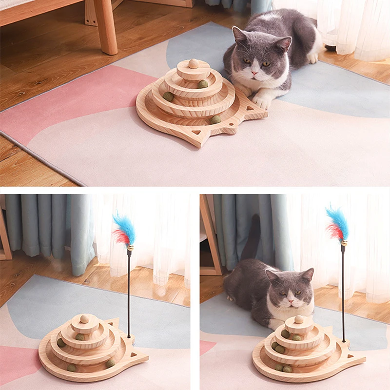 

Cat Toy Cute Turntable Ball with Feather Training Amusement Plate 2/3 Layers Wood Catnip Ball Pet Kitten Pet Toy Cat Accessories