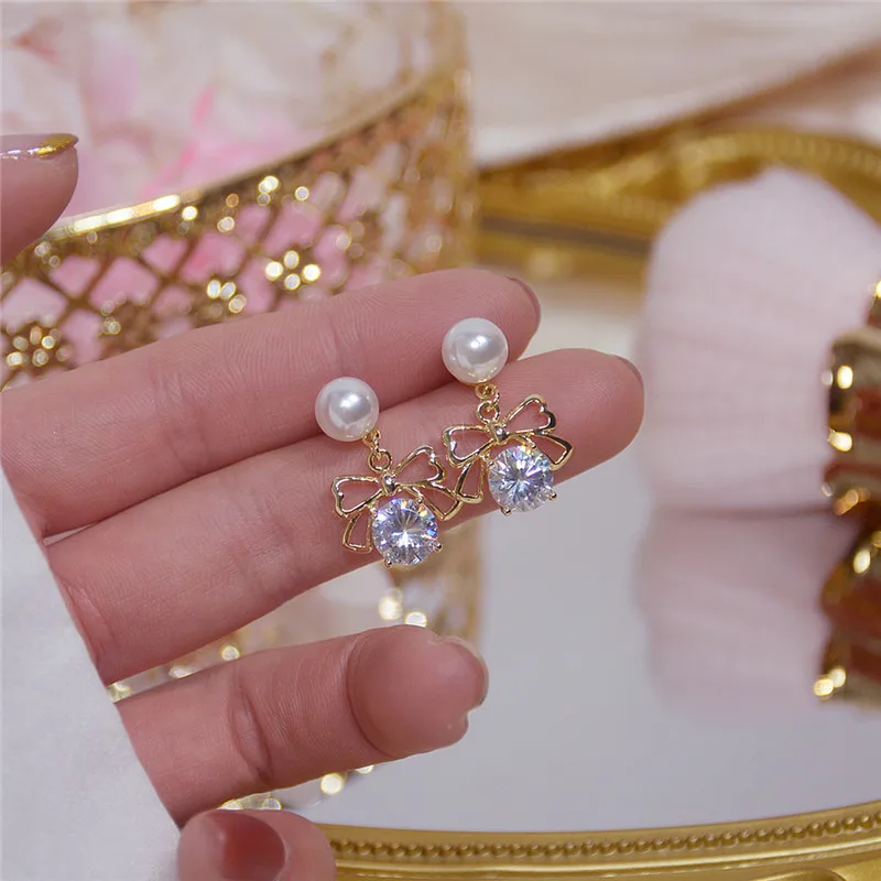 

Fashion 14K Real Gold Pearl Cute Bow Shape Stud Earrings for Women Cubic Zircon ZC Sweet Birthday Earrings