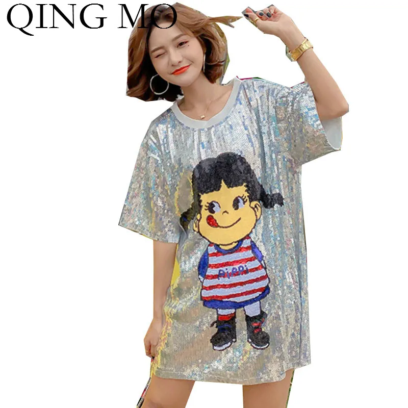 Женское платье с блестками QING MO блестящее серебристого цвета мультяшным принтом