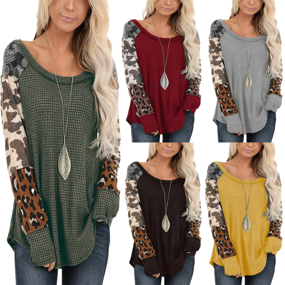 

2021 Autumn New Women's Top Leopard Print Color Matching Round Neck Long Sleeve Loose T-shirt for Women