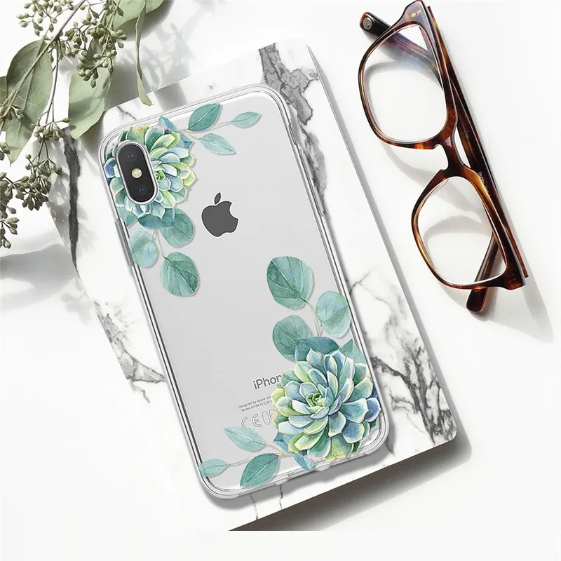 Милый цветок кактус для iPhone 7 8 Plus 6 6S Fundas Роскошный прозрачный мягкий чехол из ТПУ