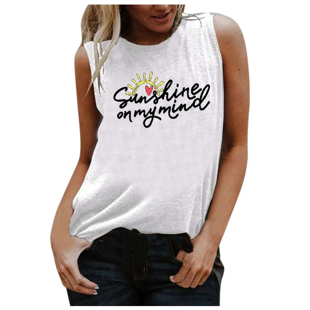 

Summer T-Shirt Women's New Fashion Graphic Letter Printing O-Neck Sleeveless Tank Tops Female Casual Loose Top