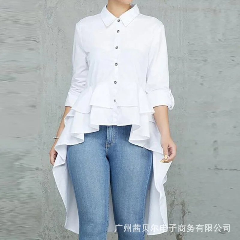 

WEPBEL Shirt Spring Solid Slim Ruffled Stitching Shirt Women's Long Sleeve Single Breasted Turn-down Collar Irregular Shirt