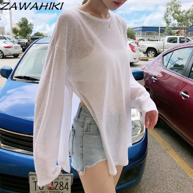 

ZAWAHIKI Korean Fashion Casual Women T-shirts Summer O Neck Long Sleeve Split Fork Loose Solid Tops Thin Sun Protection T-shirts