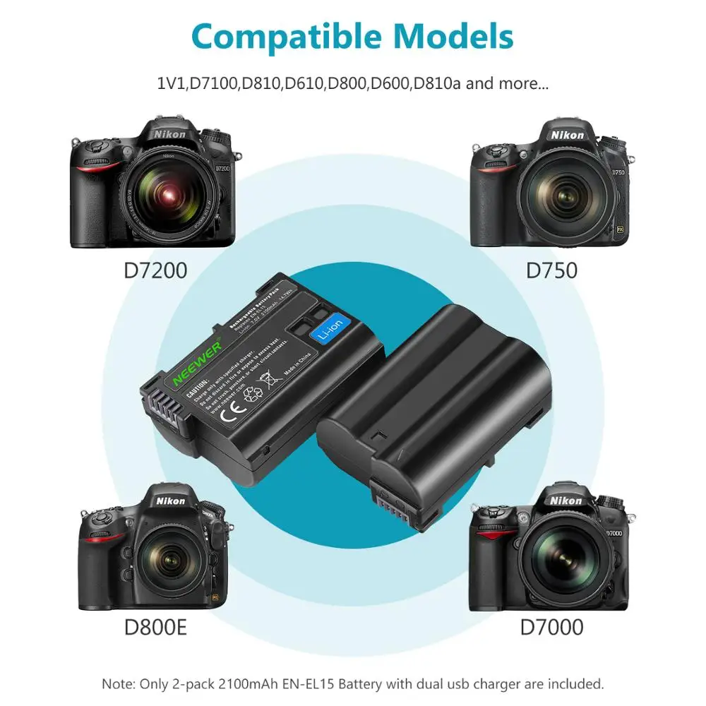 Neewer EN-EL15 EN-EL15A Батарея Зарядное устройство набор для Nikon d750, d7200, d7500, d850, d610, d500, MH-25a, d7200, z6, d810 батареи
