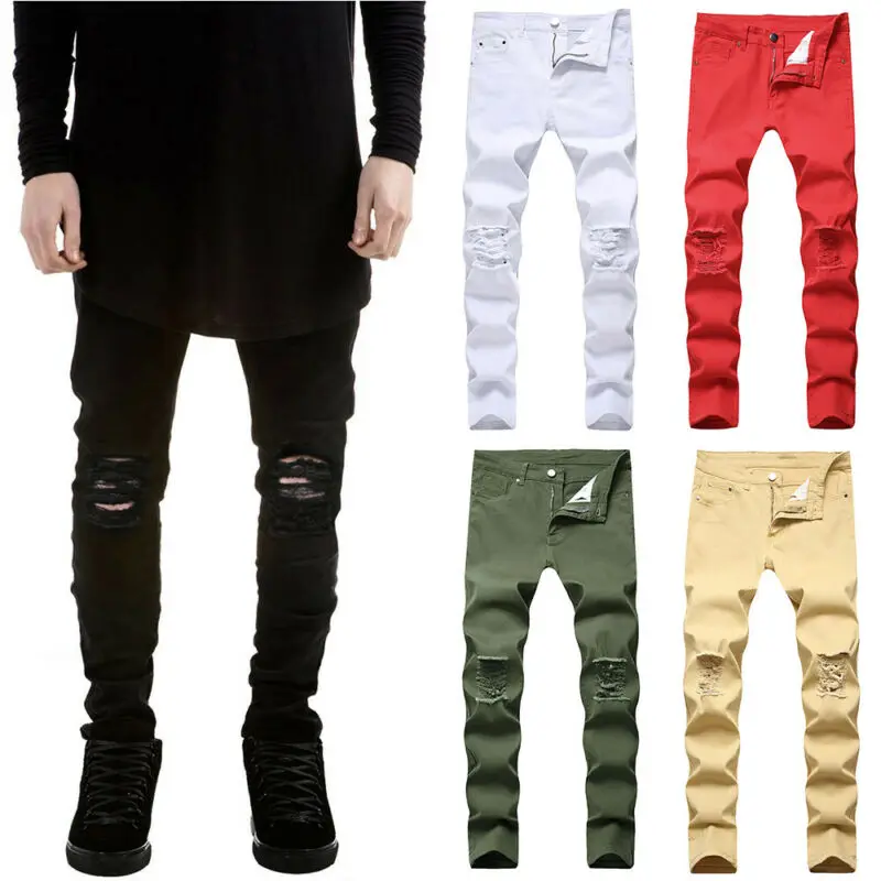 

Mens Skinny Stretch Ripped Denim Jeans Slim Fit Distressed Biker Trousers Pants