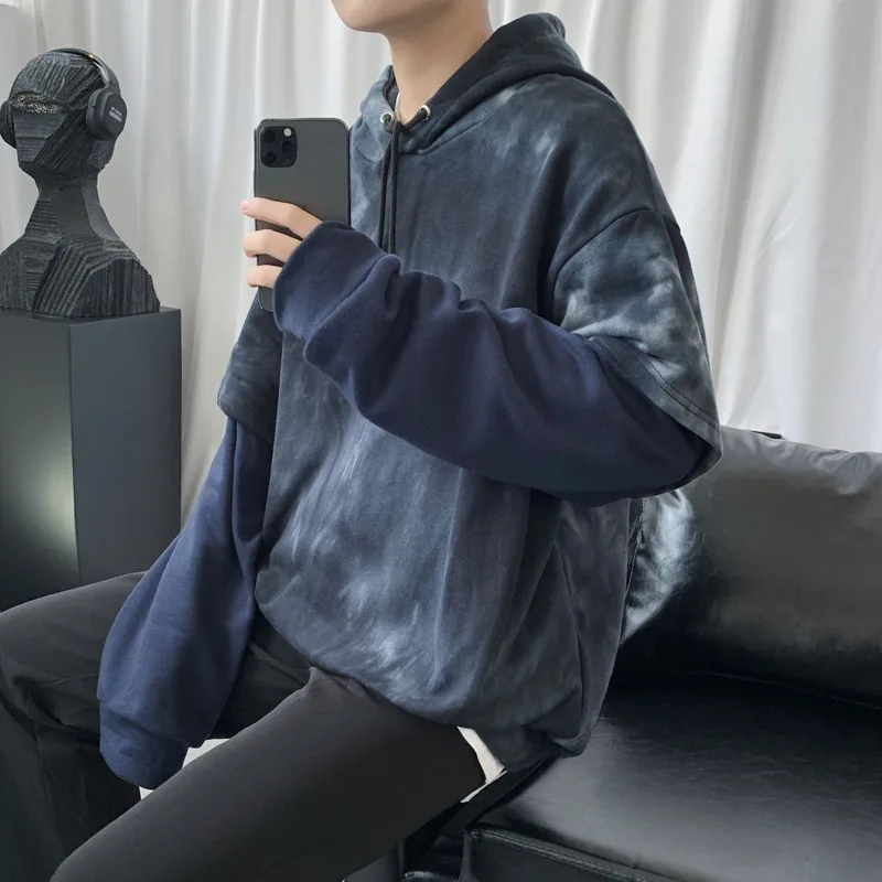 

Men's sweatshirt 2020 autumn and winter new tie-dye fake two-piece hooded tops young people personality fashion trend clothing
