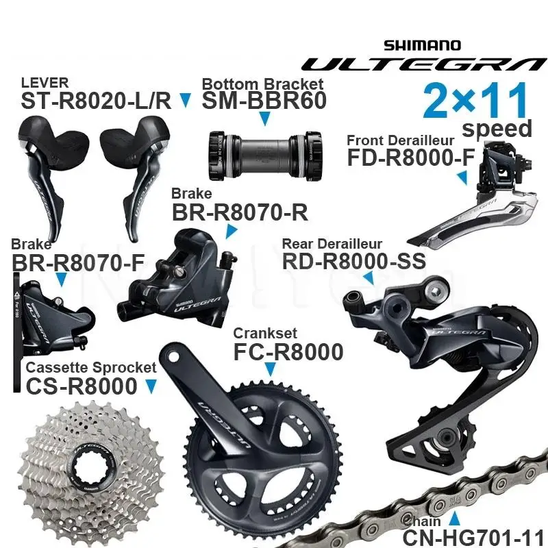 SHIMANO ULTEGRA R8020 2x11v Groupset with R8070 Brake R8020 ST Lever Cassette Sprocket Chain Front/Rear Derailleur for Road bike