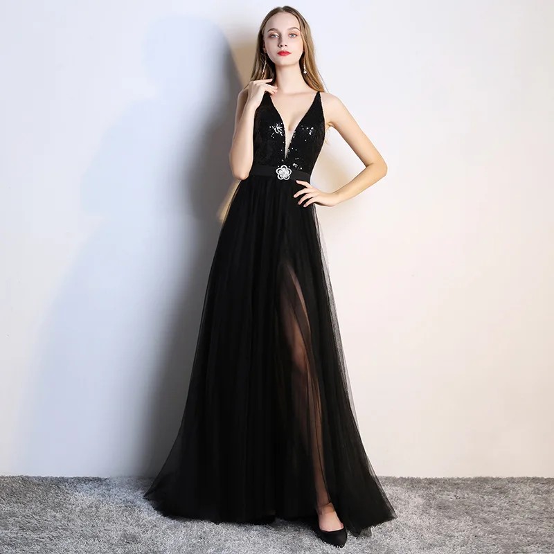 Sexy Black Deep V-neck Perspective Decoration Body Open Nightclub Show Evening Dresses Host Detailed Banquet Dress Long | Свадьбы и