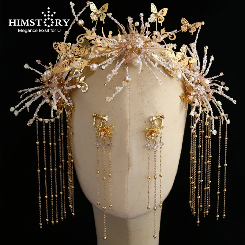 

HIMSTORY Chinese Traditional Bridal Headdress Gold Hairpins Tassel Gold Butterfly Women Wedding Jewelry Hair Accessories