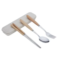 japanese style log stainless steel tableware wooden handle spoon fork chopsticks portable tableware three piece set