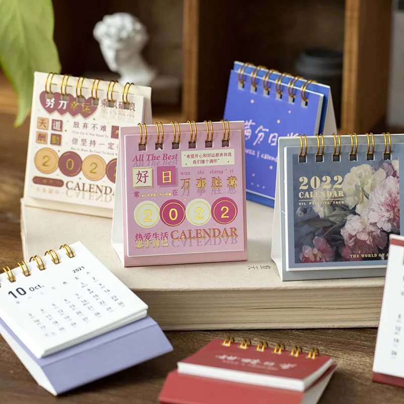 

2022 Blessing Chinese Characters Series Desk Calendar 365 Days Vintage Oil Painting Mini Calendars Dual Daily Schedule Planner