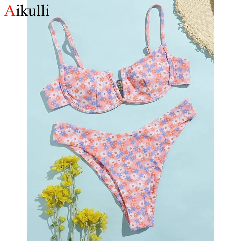 

2021 Sexy V-bar Underwired Bikinis Floral Swimwear Women Swimsuit Female V-Neck Bikini Set Push Up Beach Wear Swim Bathing Suits