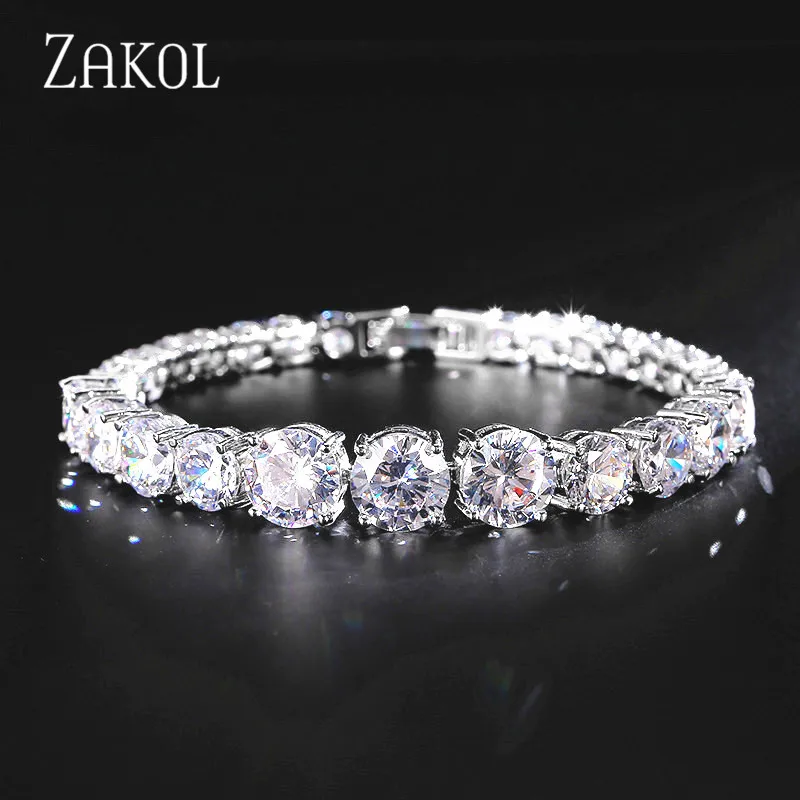 ZAKOL модный белый цвет AAA+ Круглый CZ цирконий кристалл Теннисный бренд браслет для женщин Свадебные украшения подарок FSBP003