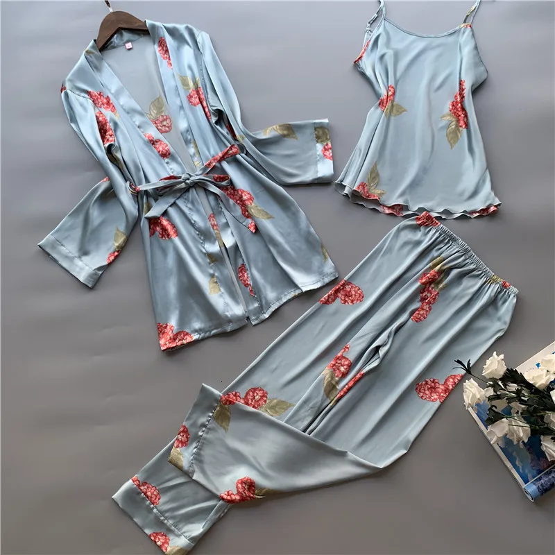 Blue Новинка зимы, 3 шт., ледяная шелковая Женская пижама, в горошек, с фруктами, Милая Ночная рубашка, брюки, кардиган, комплект, одежда для сна - Цвет: Blue