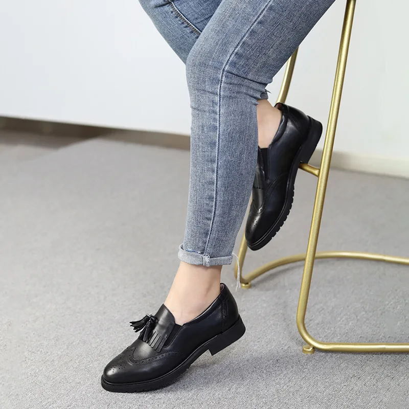 Женская Осенняя обувь 2019 года из натуральной кожи Лоферы без застежки с