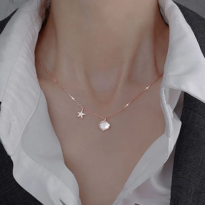 

Elegant Temperament Zirconia Star Shell Pendant Necklace 925 Sterling Silver Chain Necklace For Women Jewelry Accessories