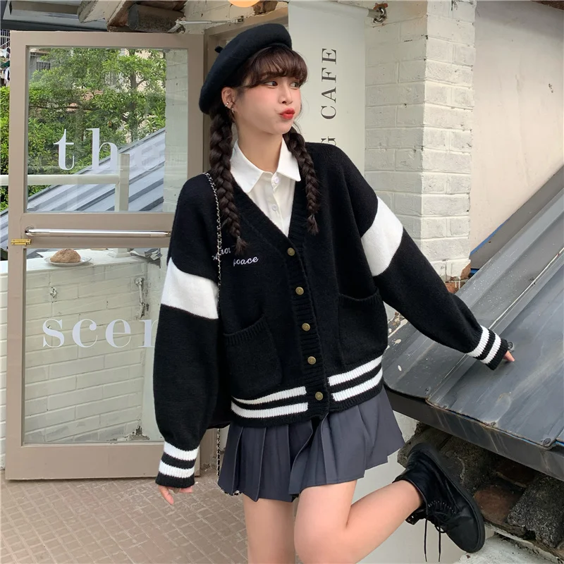 

Striped Black Knitted Cardigan V-neck Wool