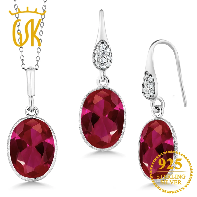 GemStoneKing 15 00 Ct Овальный Красный созданный набор ювелирных изделий с рубинами 925