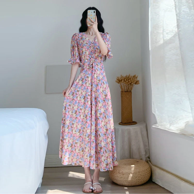

Romantic Women Pink Floral Chiffon Dresses V-Neck Flare Short Sleeve Calf Length Adjustable Waist Lace Up One Piece Robe Holiday
