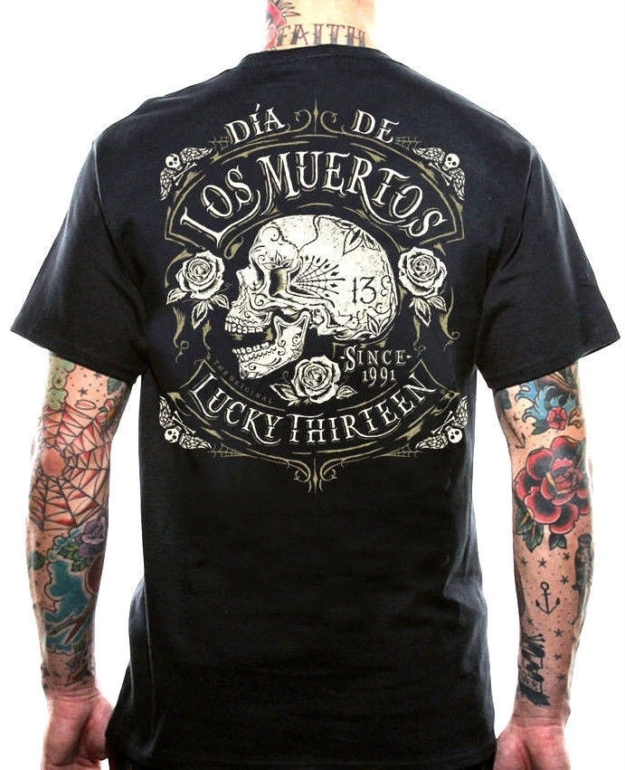 

Lucky 13 Deod Skull Biker Tottoo Punk Gothic Muerto Rockobilly T Shirt Summber Block Tope Tee For Men