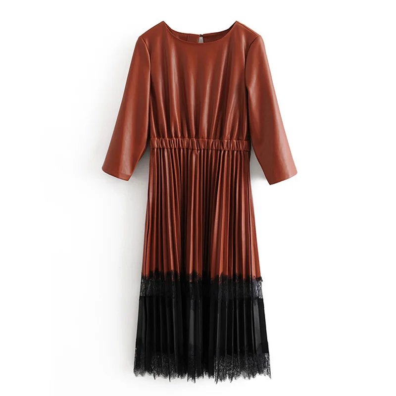 Платье женское длинное из искусственной кожи кружевное с круглым вырезом и