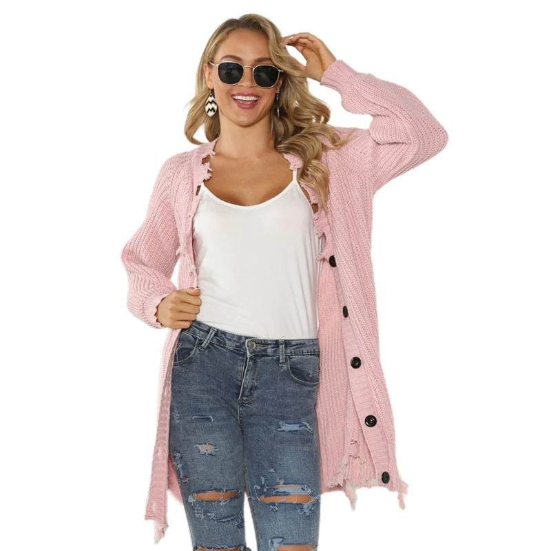 

Women Knitted Loose Tassel Sweater Long Sleeve Buttons Cardigan Open Front Knee Length Tops Coat Warm Outerwear