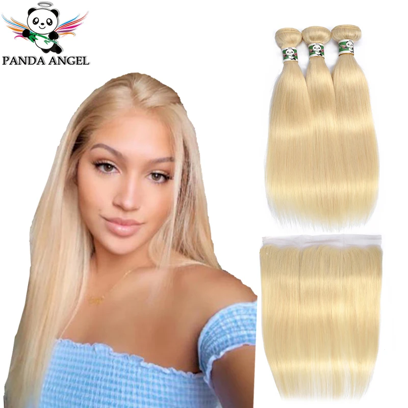 Panda 613 Blonde Bundles With Closure Remy Brazilian Hair Weave Bundles Body Wave 613 Blonde 3 Bundles With Lace Frontal Closure
