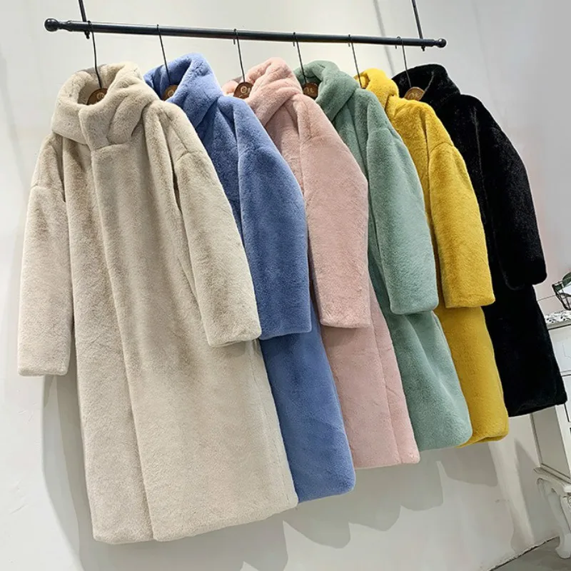 

High Quality Women Mid Long Imitation Rabbit Fur Jacket Thick Warm Outerwear Parka Girl's Loose Faux Mink Fur Teddy Hooded Coats