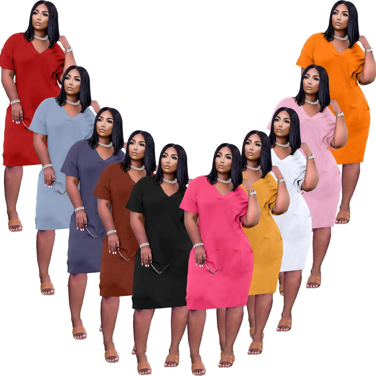 

European and American fashion women's sexy loose solid color V-neck casual dress with pockets