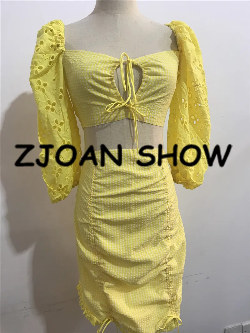 Женский комплект из 2 предметов желтый и белый клетчатый короткий топ с кружевной