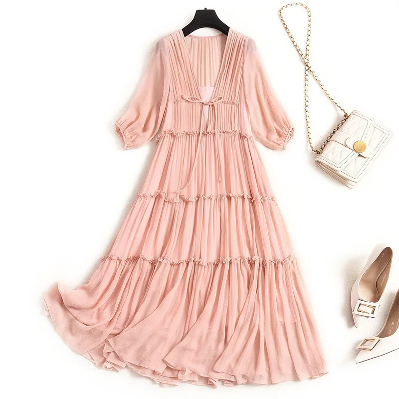 

European high end silk dress women's summer 2021 new deep V-neck silk dress pleated skirt 80740