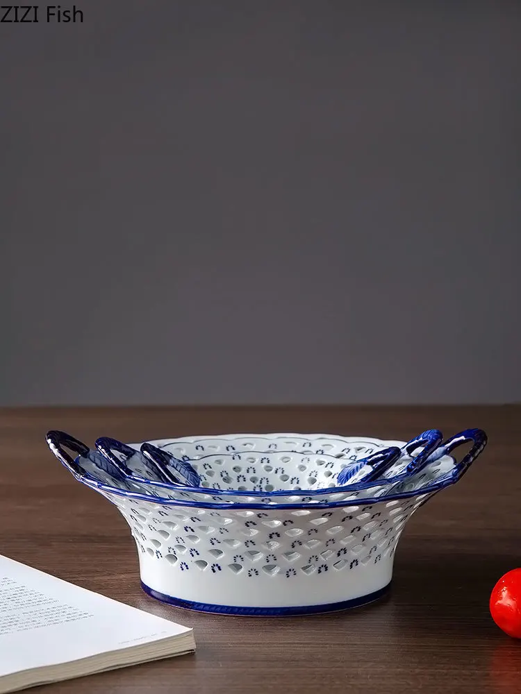 Home Ceramic Bowl Blue and White Porcelain Openwork Plate Tea Table Vegetable Fruit Basket Kitchen Storage Supplies | Дом и сад