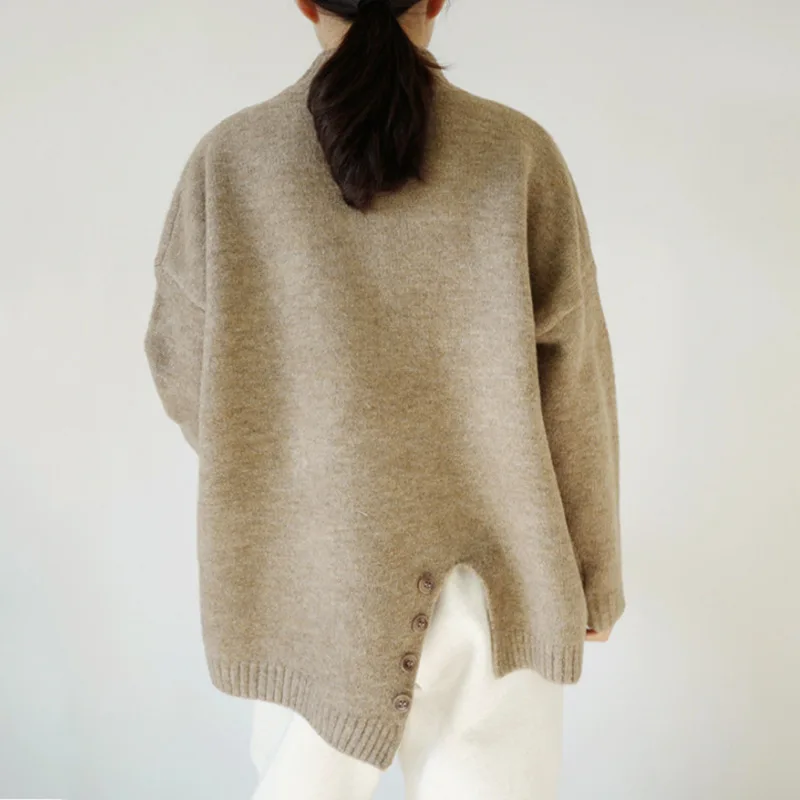 Vefadisa Осенний Женский Повседневный Однотонный свитер с декоративными пуговицами