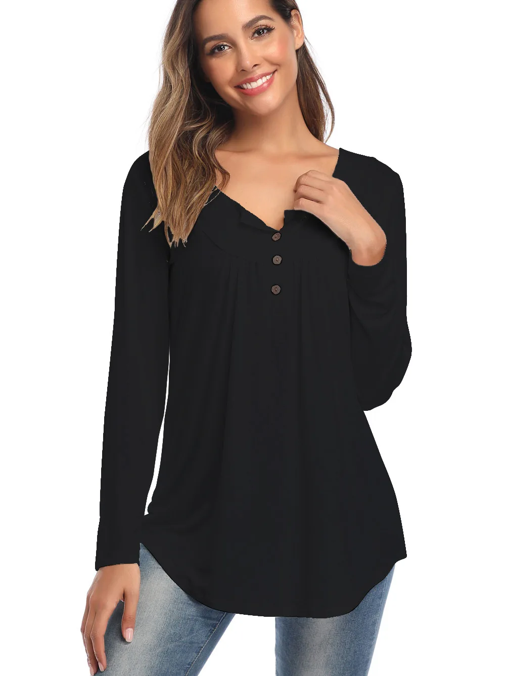 

Fall 2020 Women's V-neck Button Long Sleeve Top Solid Color Pleated Loose T-shirt