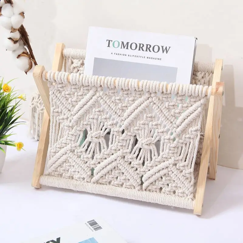

Nordic Cotton Woven Storage Basket Boho Macrame Magazine Rack Desktop Book Shelf Photo Prop