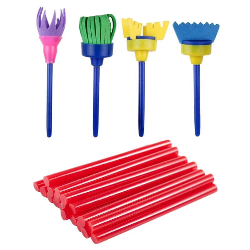 

20 Pcs Red Hot Melt Glue Gun Adhesive Sticks 7X100mm For Craft Model With 4 Pcs Sponge Paint Brushes For Kids, Early Learning Dr